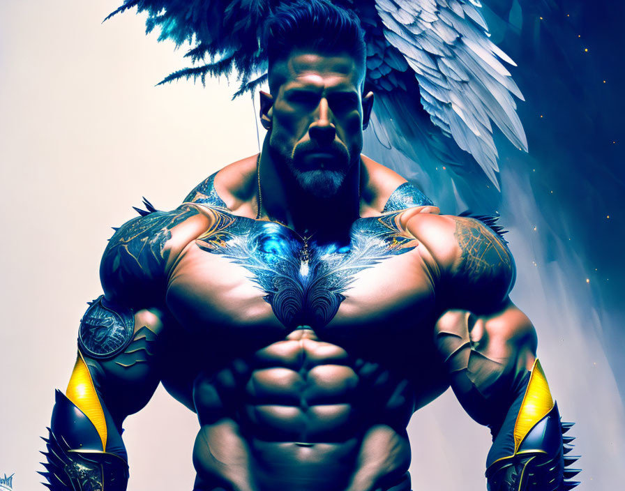 Muscular fictional character with angel wings, tattoos, and golden armor