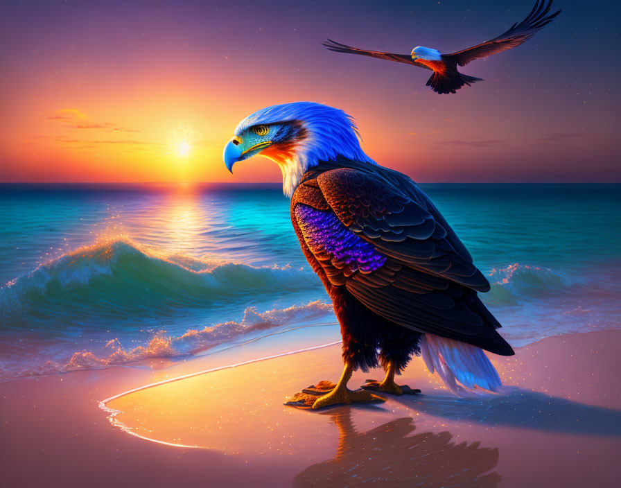 Majestic eagle on beach at sunset with flying companion