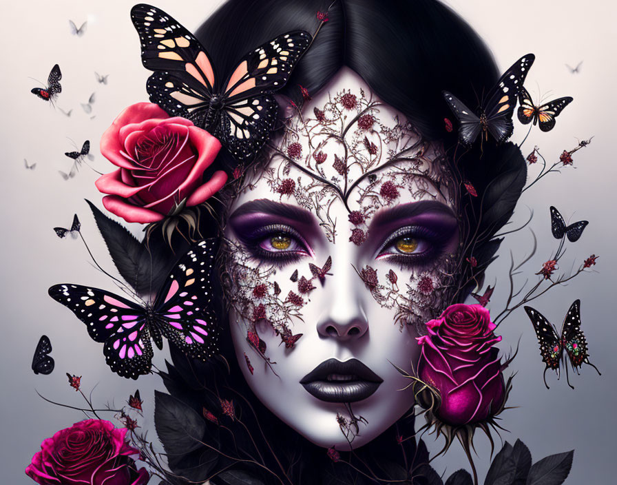 Surreal portrait of woman with branch and flower face art, butterflies, roses