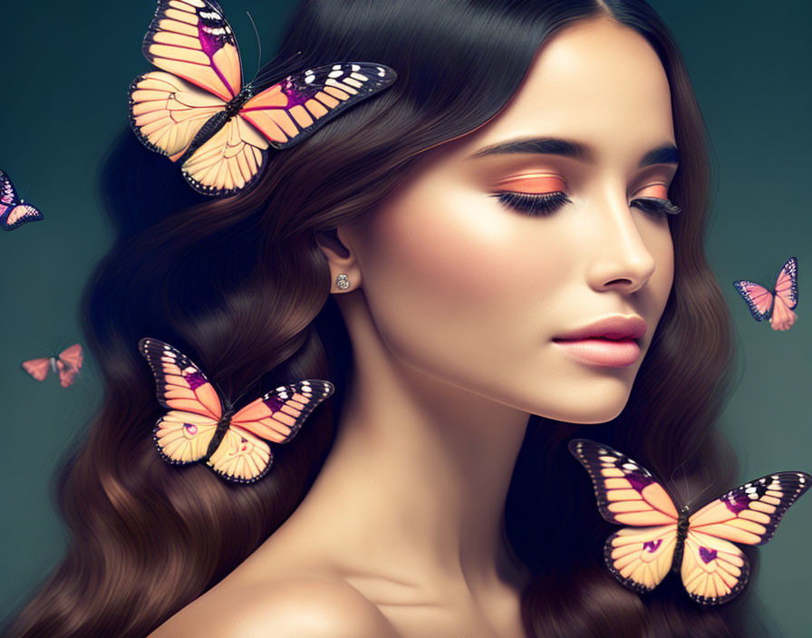 Woman with Long Wavy Hair and Colorful Butterflies Displaying Artistic Beauty