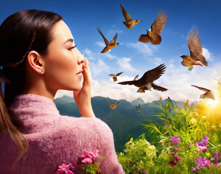 Serene woman in pink sweater with flying birds and vibrant flowers under blue sky