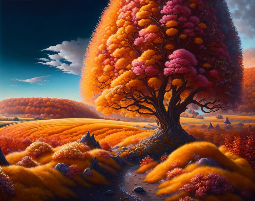 Colorful Fantasy Landscape with Oversized Autumn Tree and Rolling Hills