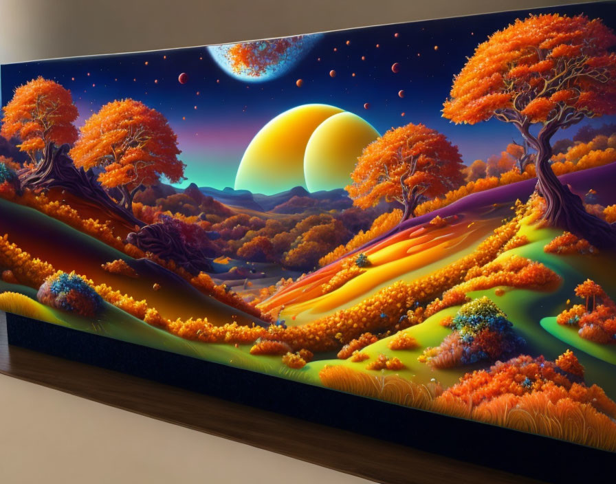 Colorful Fantasy Landscape with Orange Trees and Planets