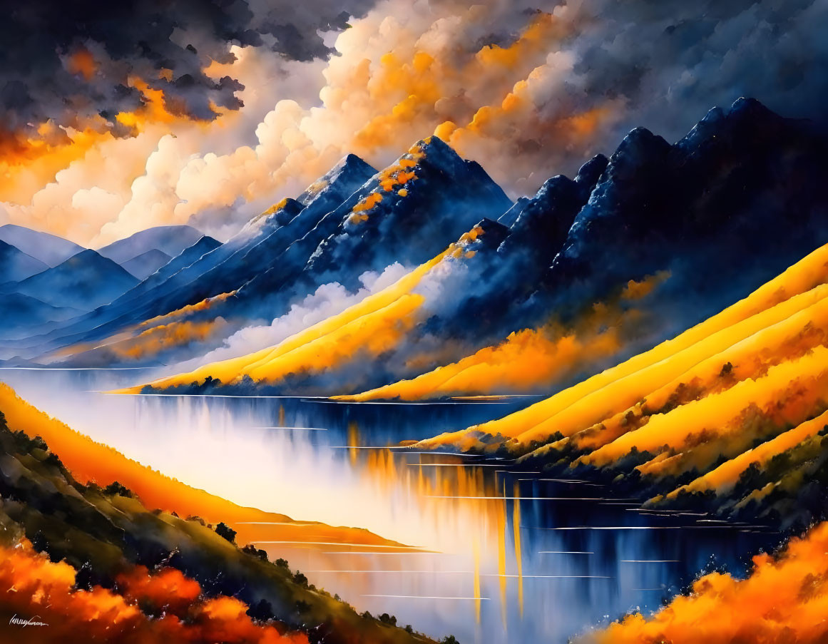 Mountainous landscape painting with fiery colors under dramatic sky and serene lake.