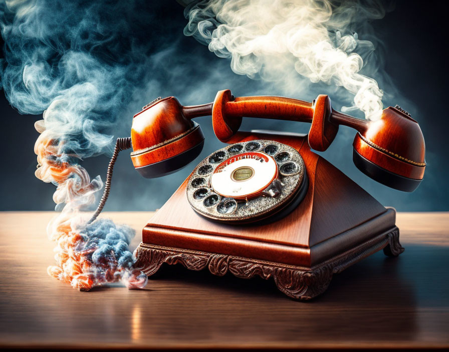 Vintage telephone emitting smoke on wooden desk against dark background.