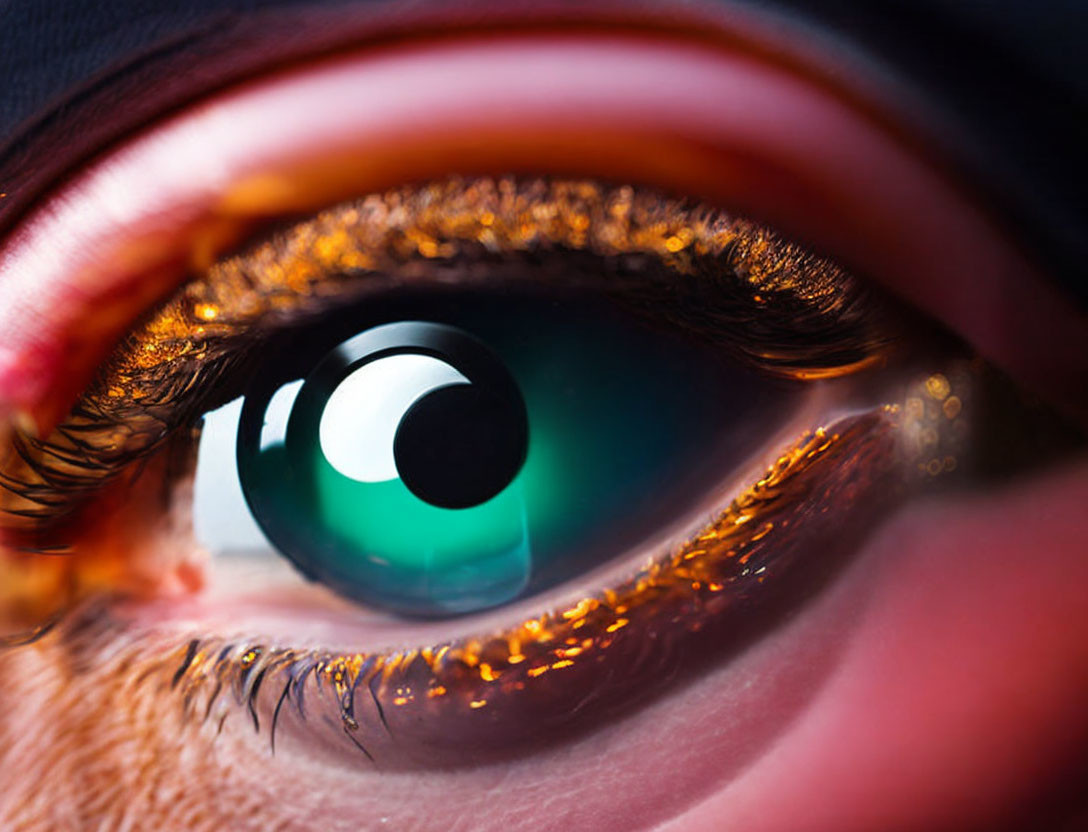 Detailed Close-Up of Human Eye with Prominent Eyelashes and Green Light Reflection