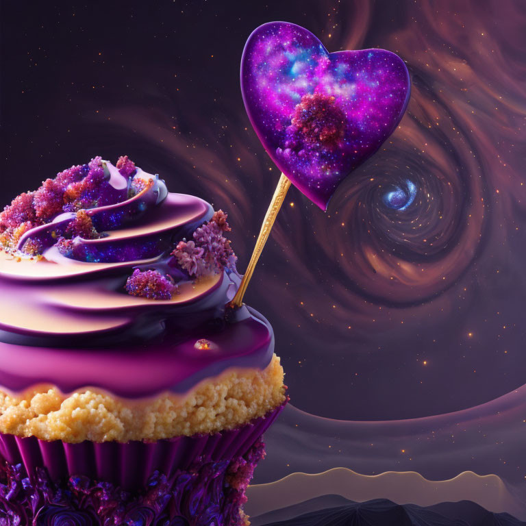 Cosmic-themed cupcake with purple icing and galaxy lollipop under starry sky