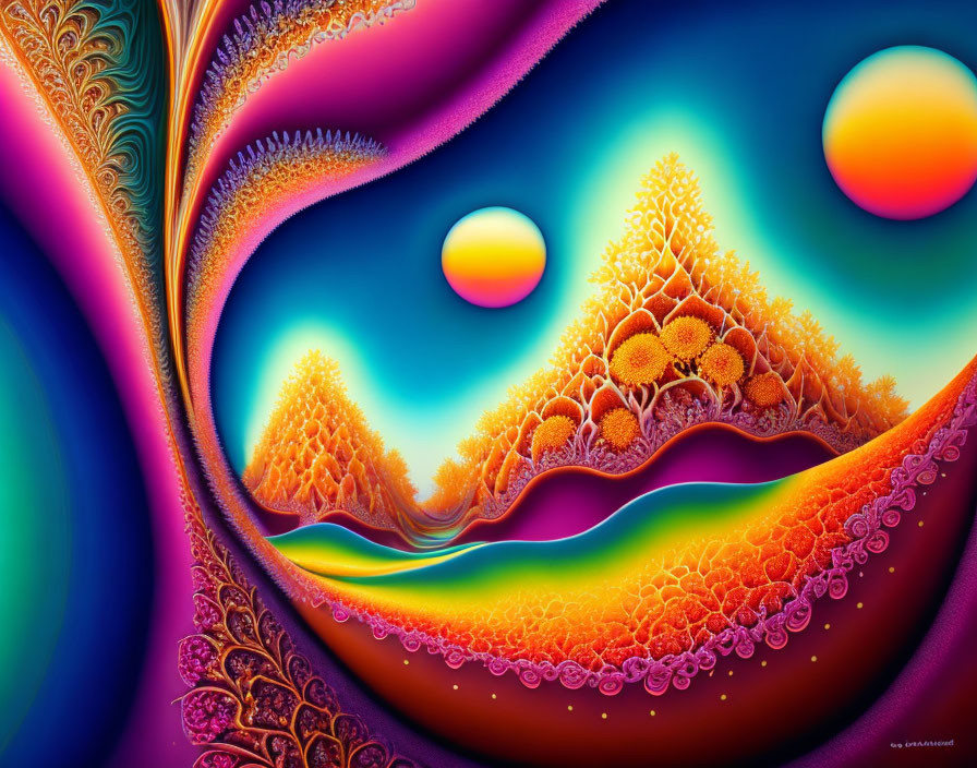 Colorful Fractal Landscape with Swirling Patterns and Sun-like Spheres