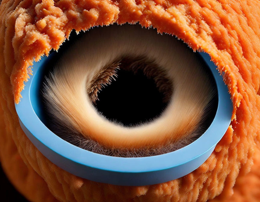 Camera shutter eye design with orange textured frame and blue circle accent