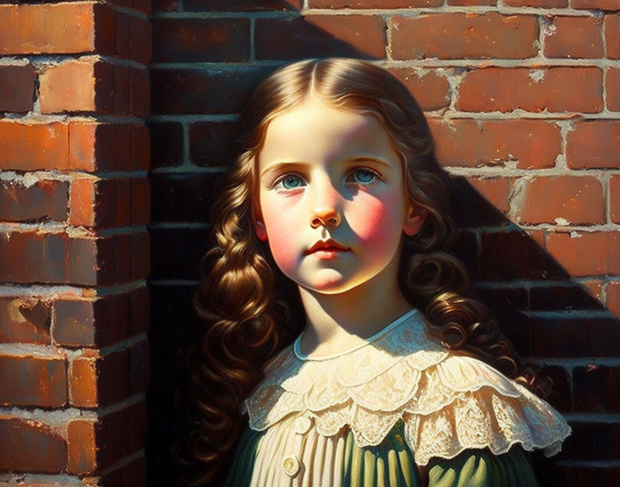 Detailed painting: Young girl with curly hair, rosy cheeks, blue dress by brick wall in warm