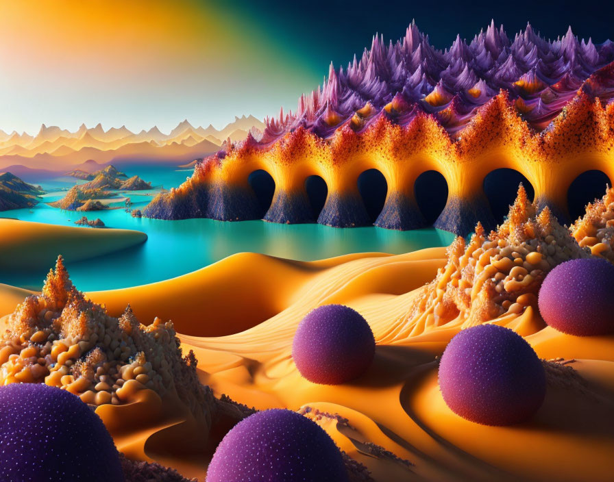 Surreal landscape with purple trees, orange hills, dunes, arches, and water under