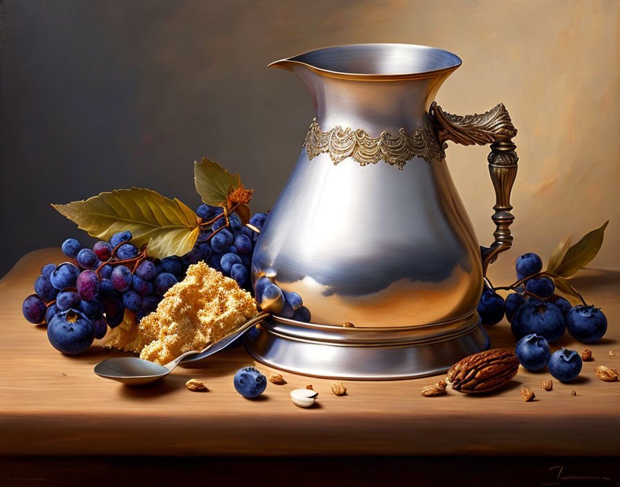 Silver pitcher, blueberries, honeycomb, spoon, nuts on wooden surface