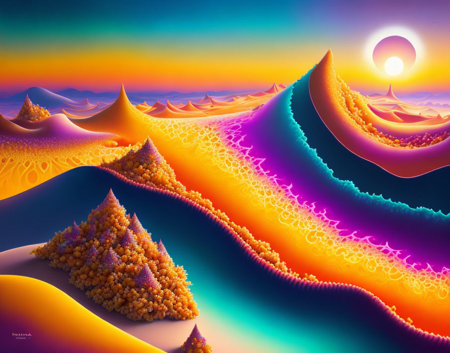 Colorful digital artwork: surreal fractal landscape with rolling hills and intricate patterns.