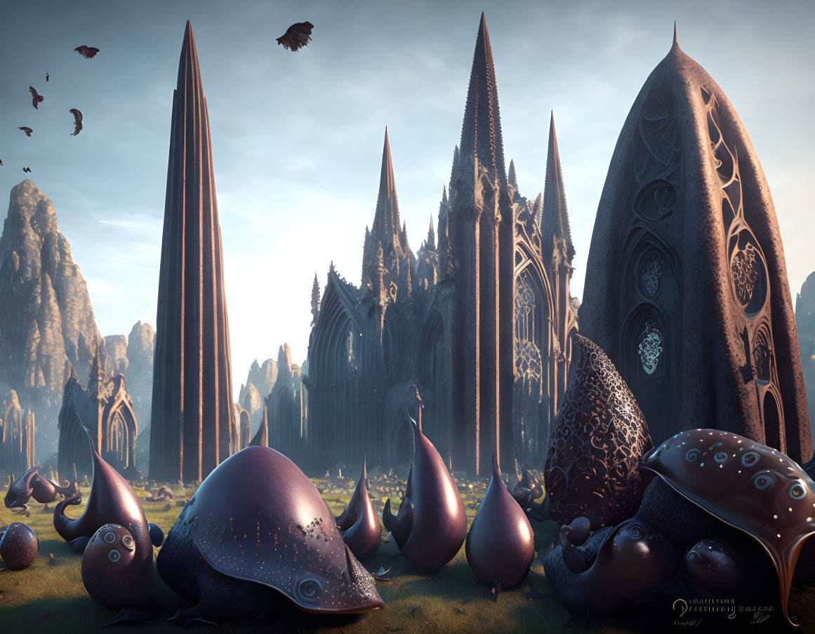 Majestic fantasy landscape with gothic building and metallic eggs under hazy sky