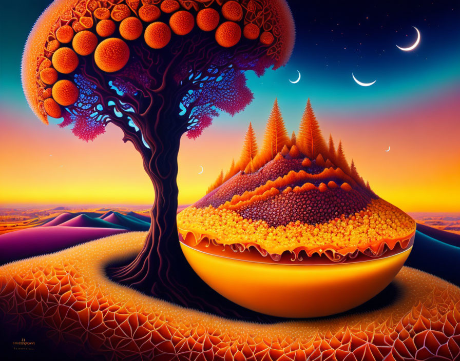 Colorful surreal landscape with tree, moons, and geometric hills