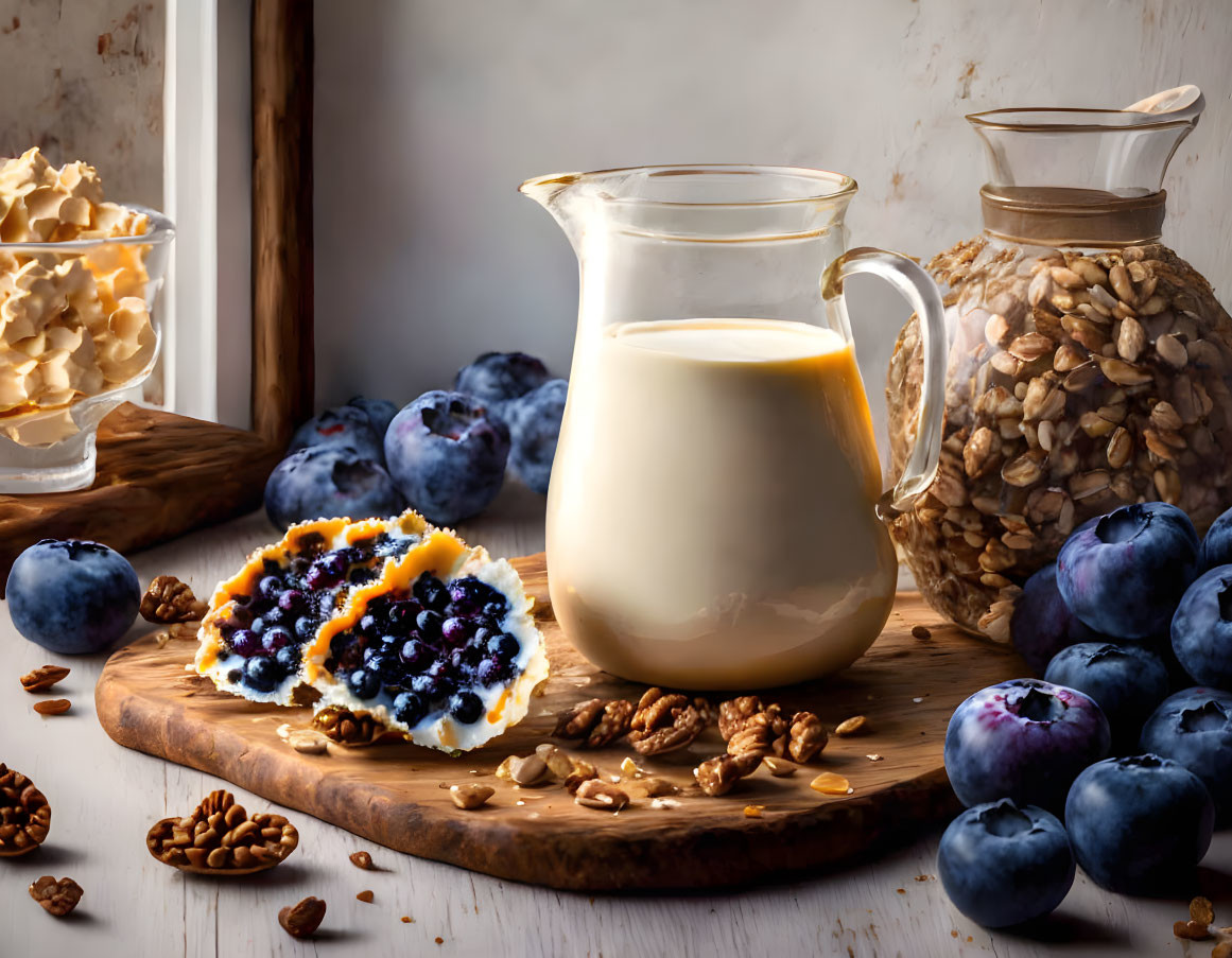 Rustic still life with milk pitcher, plums, oats, walnuts, tart slice