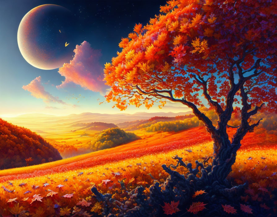 Vibrant sunset landscape with autumn trees, moon, and starry sky