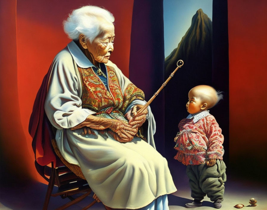 Elderly woman with staff gazes at toddler in traditional clothing