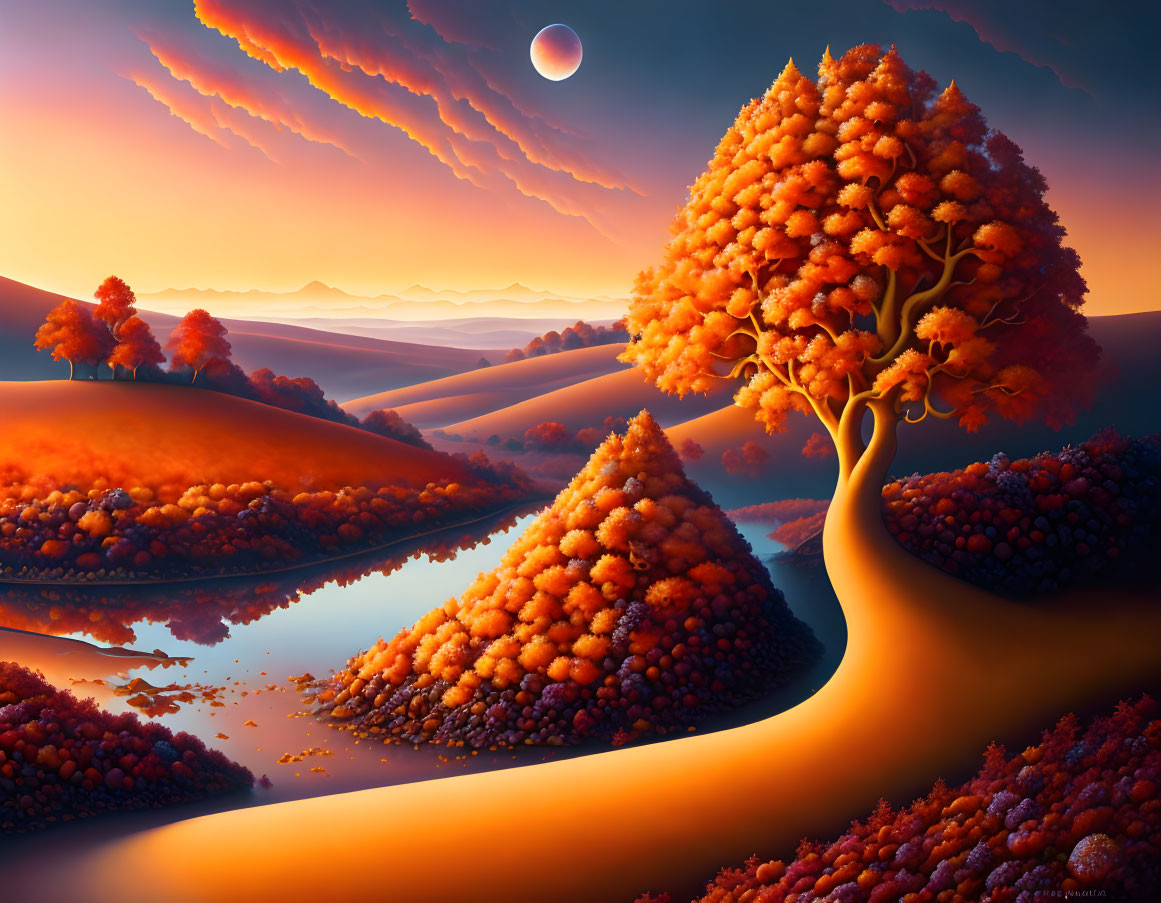 Surreal landscape with orange terrain, autumn trees, reflective water, and distant planet.