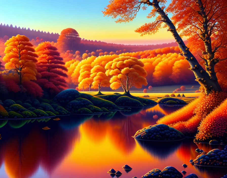 Colorful Trees Reflecting in Serene Lake Against Orange Sky