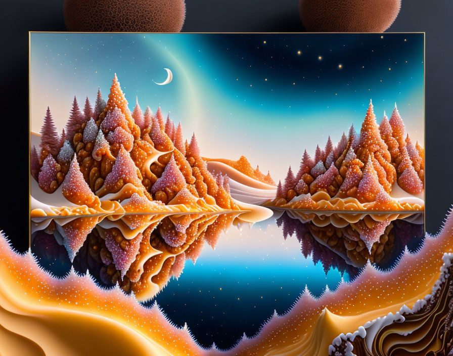 Surreal landscape painting with frosted trees and starlit sky