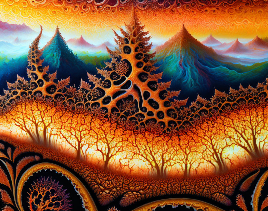 Colorful fractal landscape art with tree-like structures and textured sky