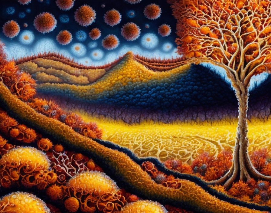 Colorful landscape painting with stylized tree and surreal elements