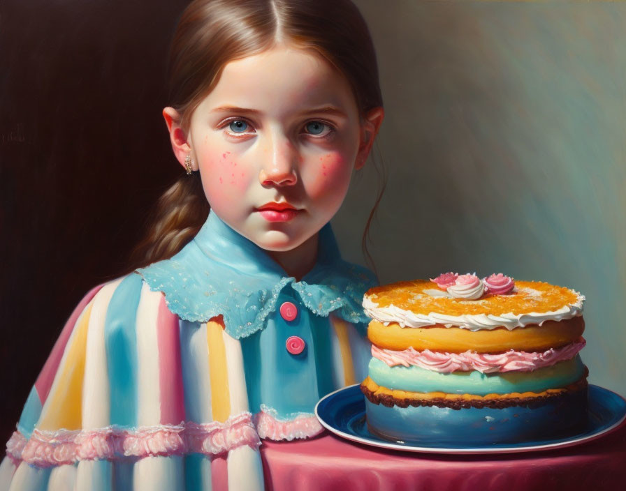 Portrait of young girl in striped dress holding colorful cake