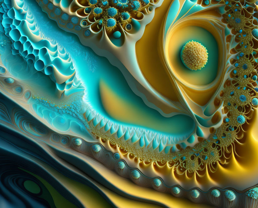 Abstract Turquoise and Golden Fractal Pattern with Intricate Textures