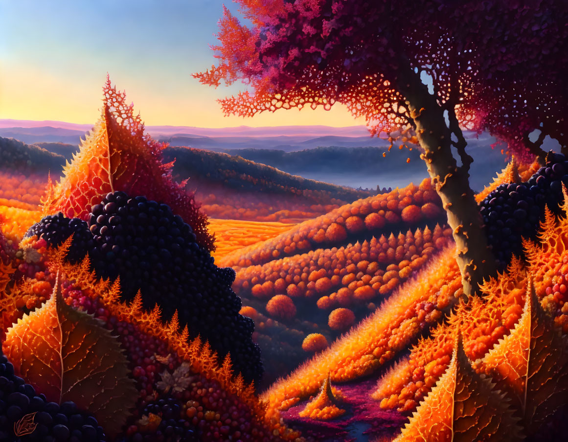 Vibrant autumn landscape with rolling hills and sunset backdrop