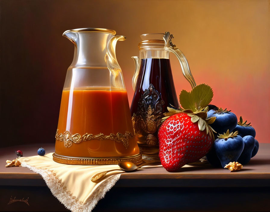 Vibrant still life painting with glass pitcher, carafe, and fruits