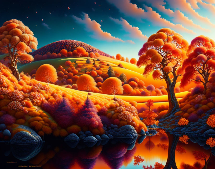 Surreal landscape: orange and red foliage, rolling hills, calm lake, whimsical sky