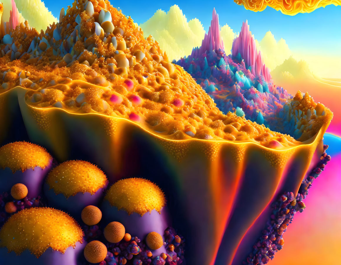 Colorful digital art: Alien landscape with textured terrains under orange sky