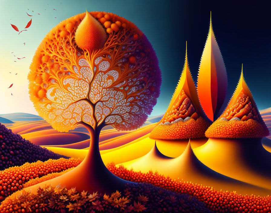 Surreal landscape with orange tree, hills, and cone-shaped structures