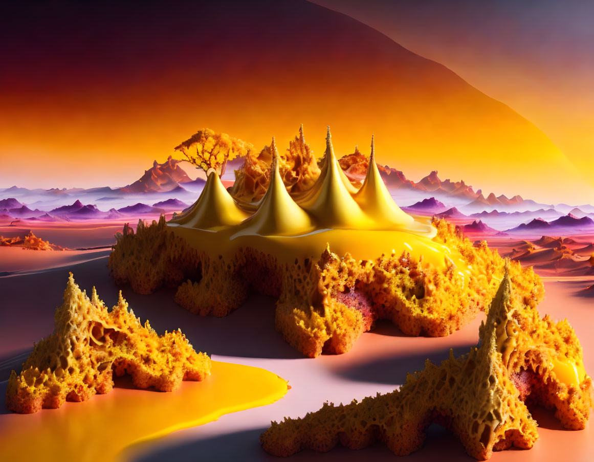 Melting golden structures and tree in surreal landscape