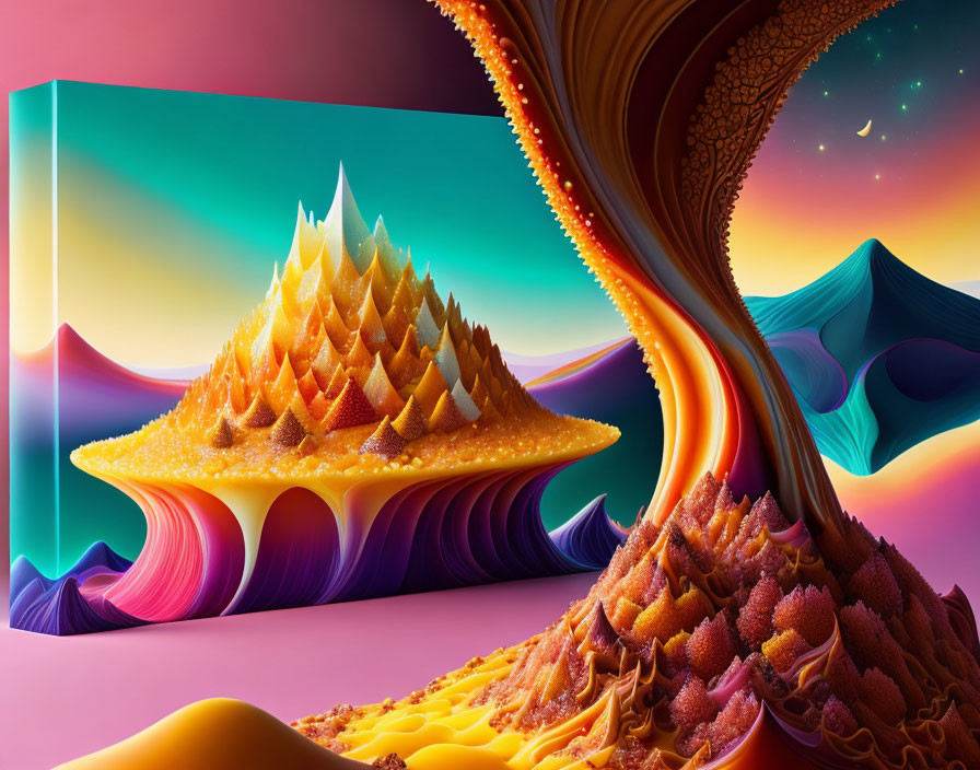 Vibrant surreal landscape with spiral tree and golden hill under starry sky