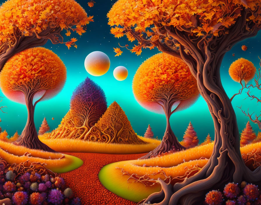 Colorful fantasy landscape with whimsical trees and three moons.