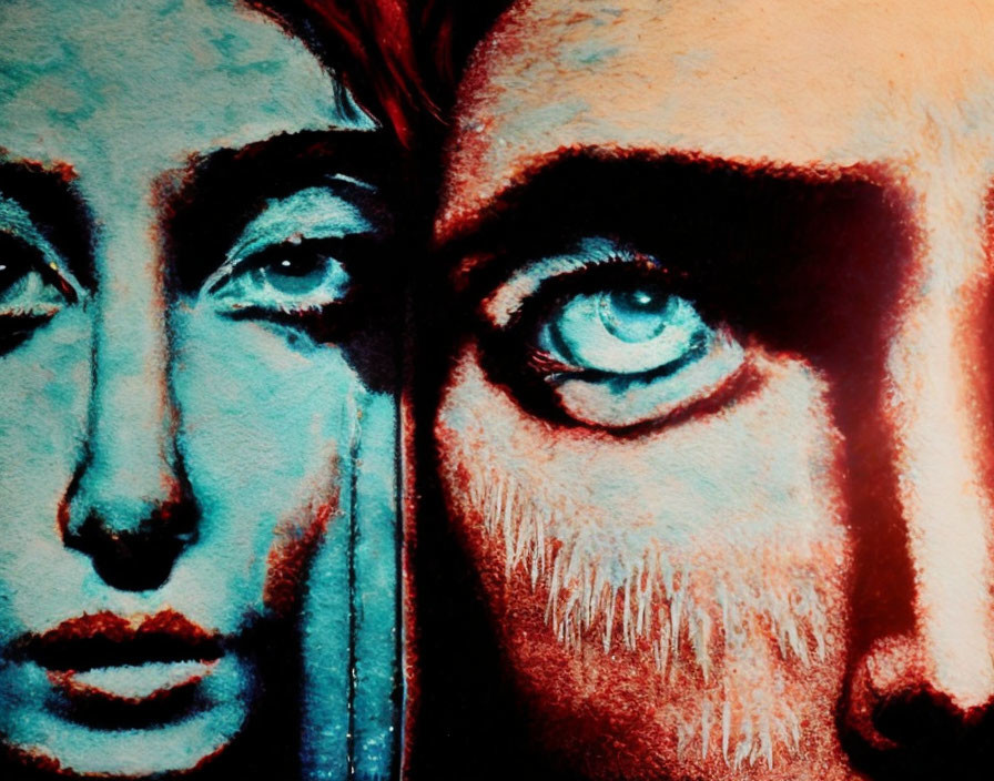 Close-up painted portrait of a woman and man with vibrant red and blue hues