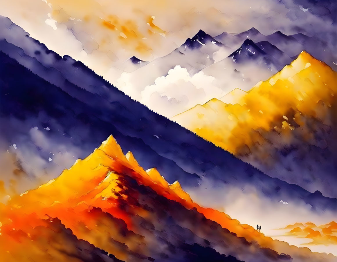 Colorful digital painting of mountain landscape at sunrise/sunset with small figures