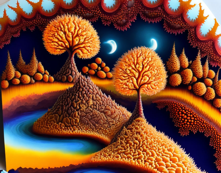 Colorful fractal art: two stylized trees on hilly landscapes under crescent moons and star