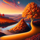 Surreal landscape with orange terrain, autumn trees, reflective water, and distant planet.