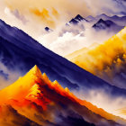 Colorful digital painting of mountain landscape at sunrise/sunset with small figures