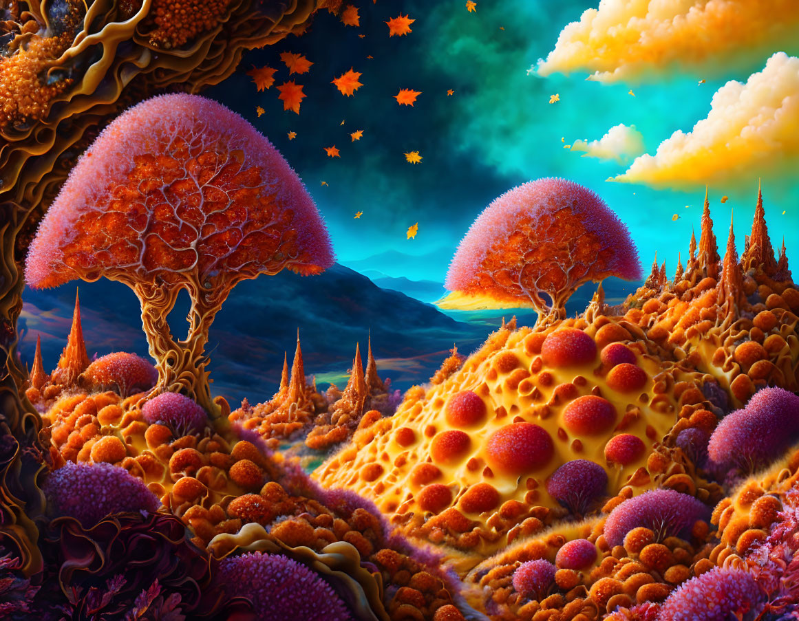 Fantasy landscape with mushroom trees, mountains, aurora sky, and floating leaves