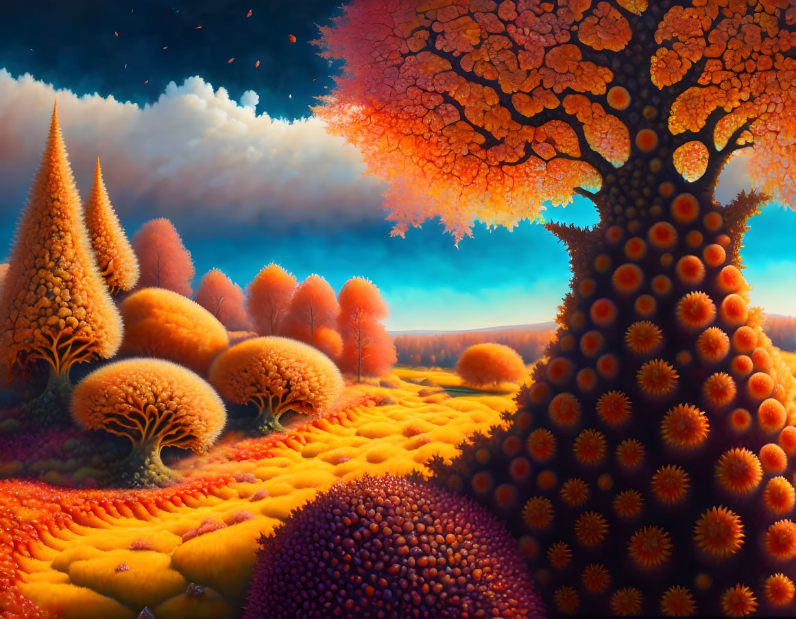 Colorful surreal landscape transitions from sunset to starry night