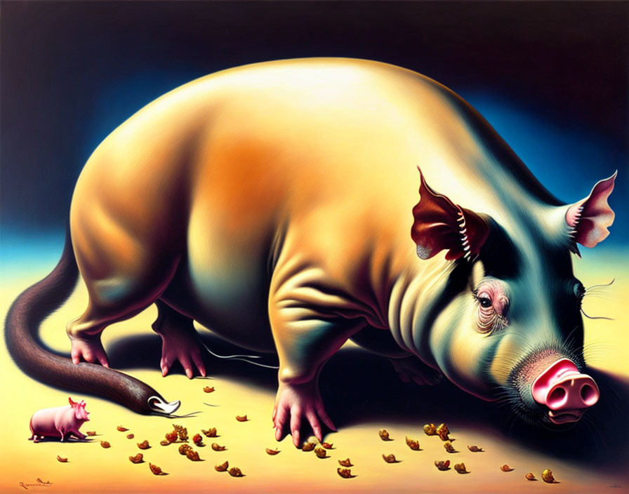 Hyperrealistic Painting: Large Pig with Miniature Pig and Feed under Surreal Sky