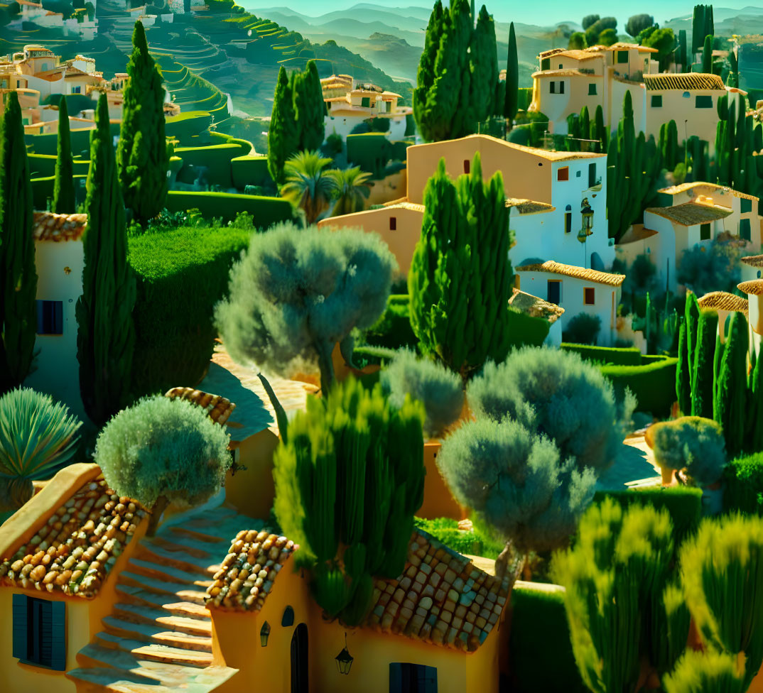 Mediterranean Landscape with Terracotta-Roofed Houses and Cypress Trees