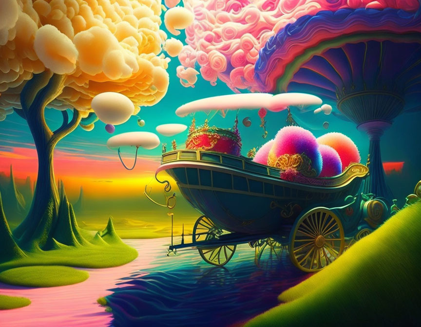 Whimsical Victorian carriage in vibrant fantasy landscape