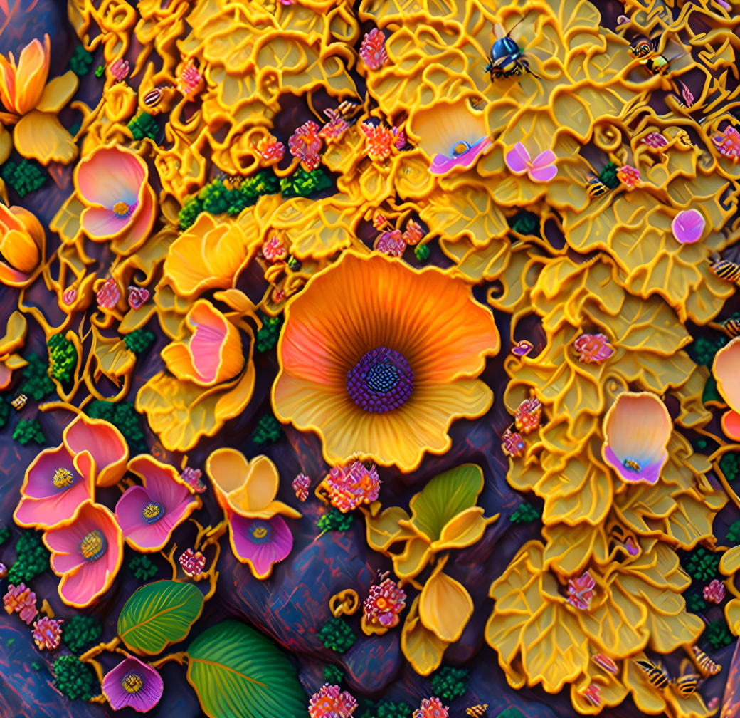 Detailed Yellow-Orange Floral Digital Art with Insect motif