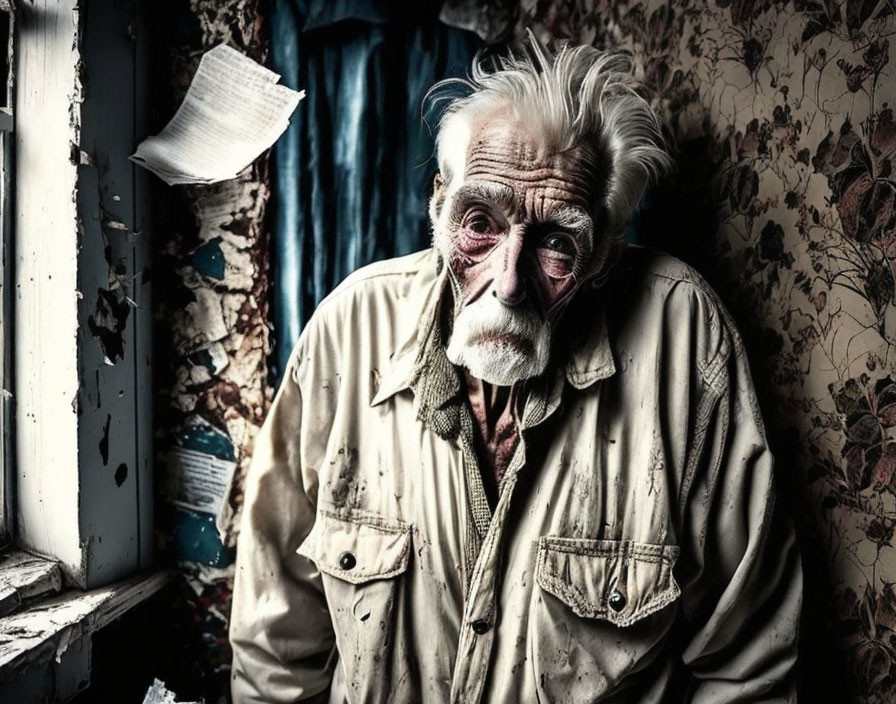 Elderly man with white hair and beard in dilapidated room.