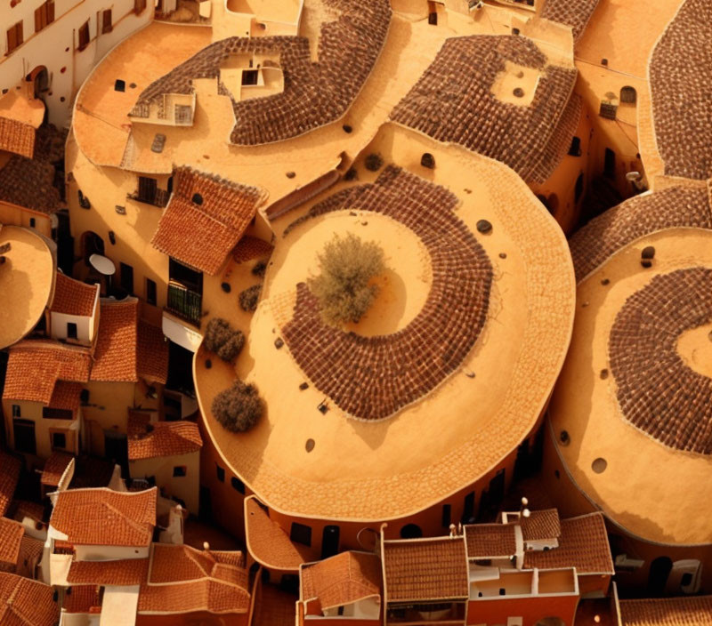 Cluster of Terracotta-Roofed Structures Around Courtyard with Tree